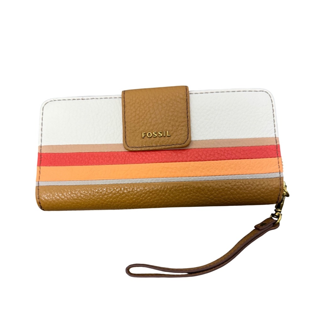 Fossil Colorblock Stripe Zip Around Wristlet Wallet Tan White Orange